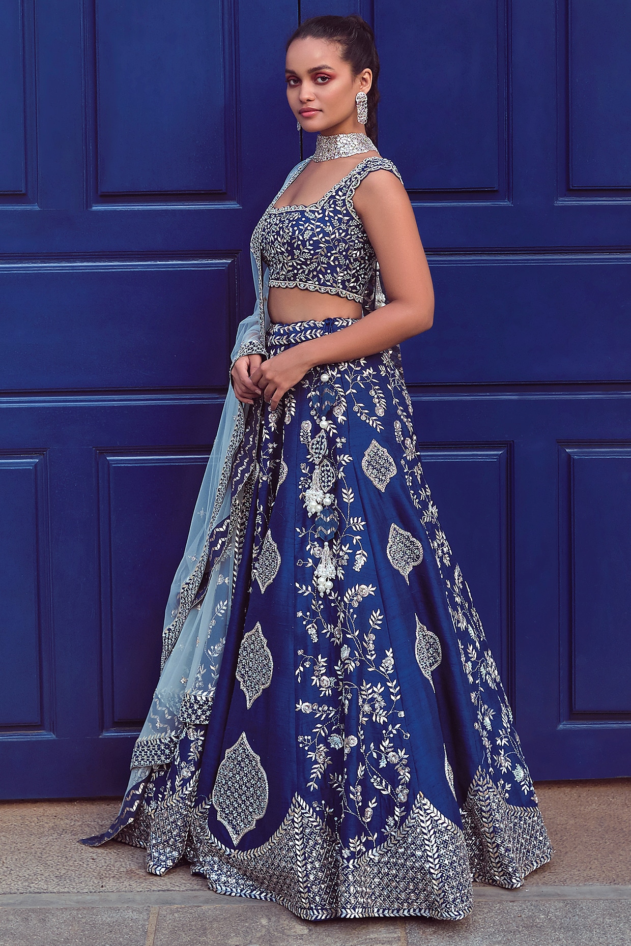 Buy Remarkable Royal Blue Net With Jewellery Look Pallu Hand Work Lace  Border designer fancy saree online | Lehenga-Saree