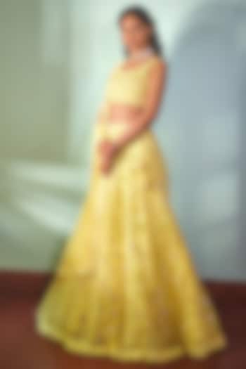 Yellow Embroidered Bridal Lehenga Set by Mishru