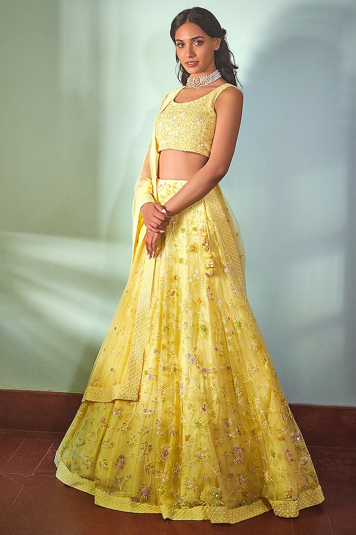 Yellow Embroidered Bridal Lehenga Set by Mishru