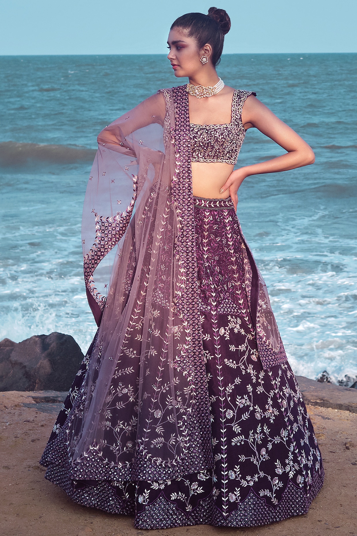 Buy Wine Sequins Lycra Readymade Lehenga - Koskii