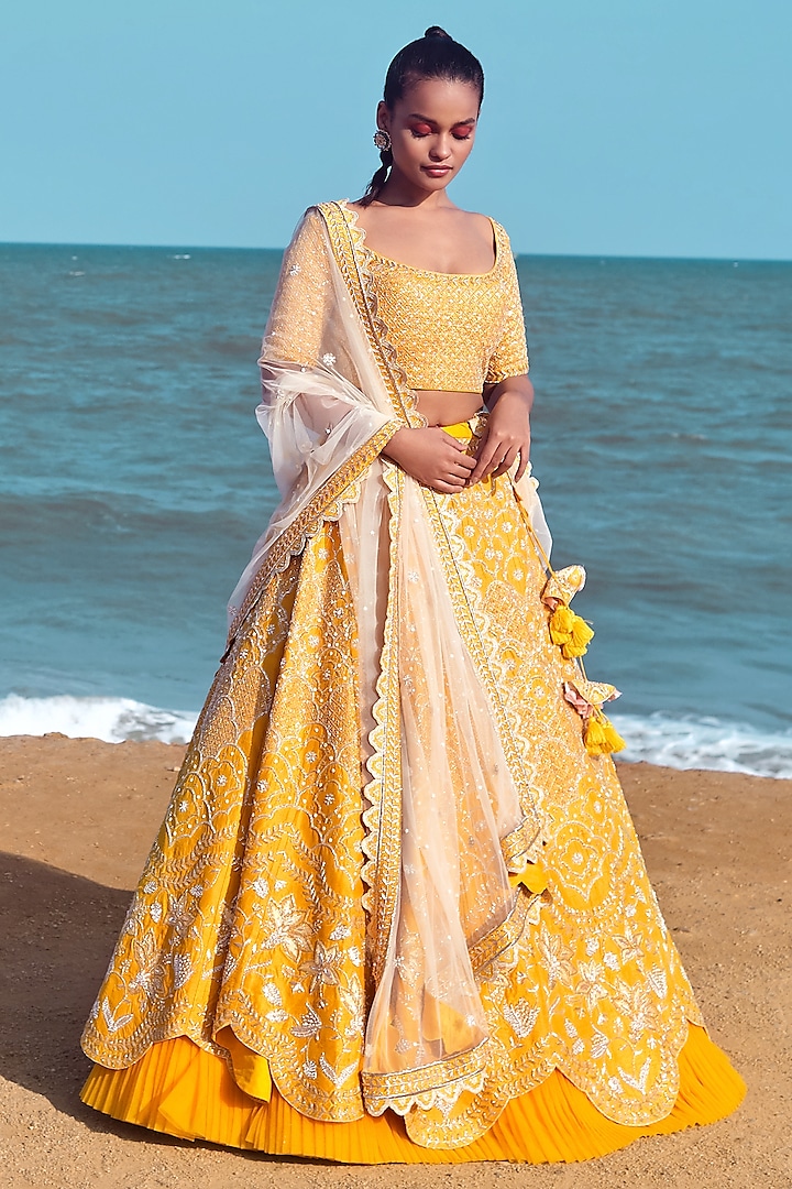 Mango Yellow Hand Embroidered Bridal Lehenga Set by Mishru