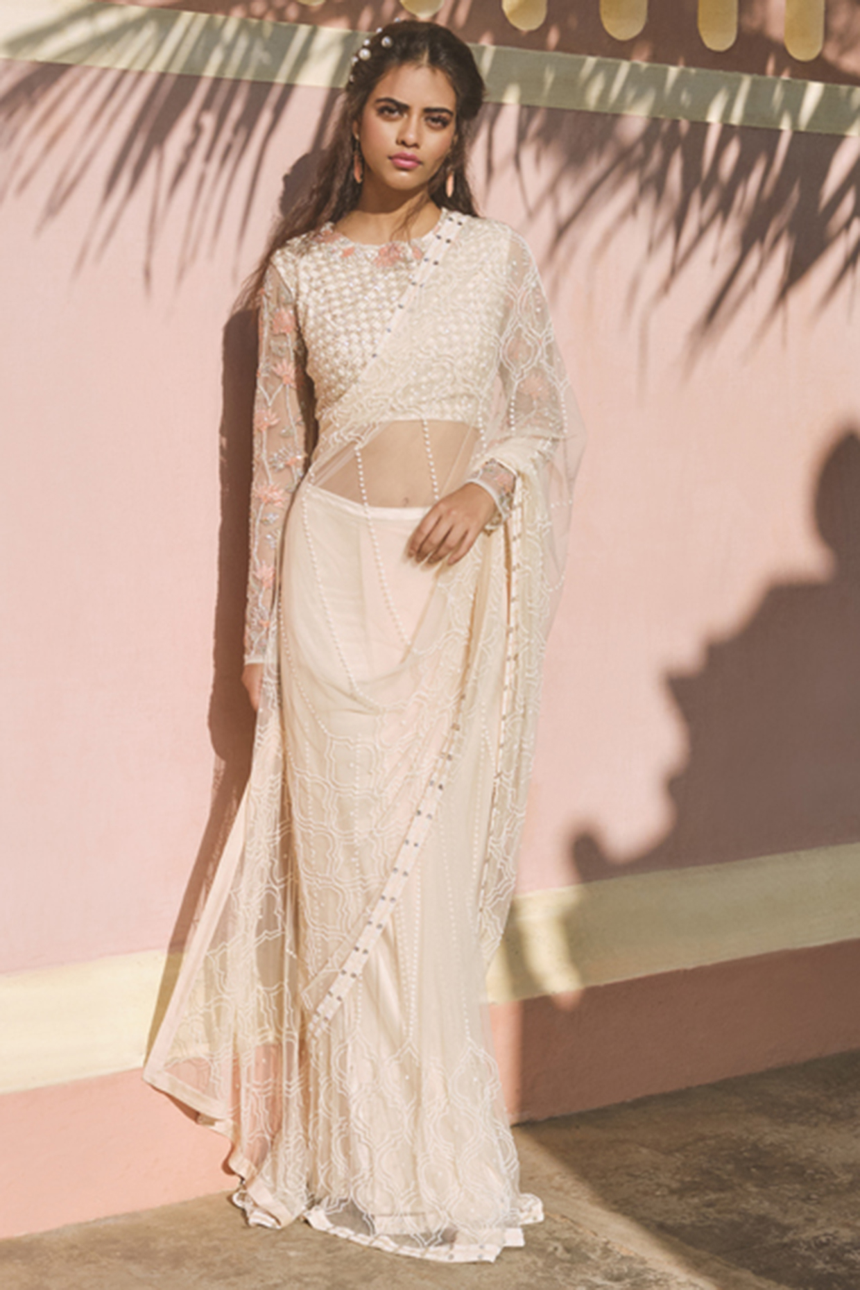 Beige Georgette & Chanderi Sequins Hand Embroidered Pre-Draped Reception Saree Set by Mishru at Pernia's Pop Up Shop