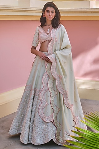 Sea Green Embroidered Bridal Lehenga Set by Mishru