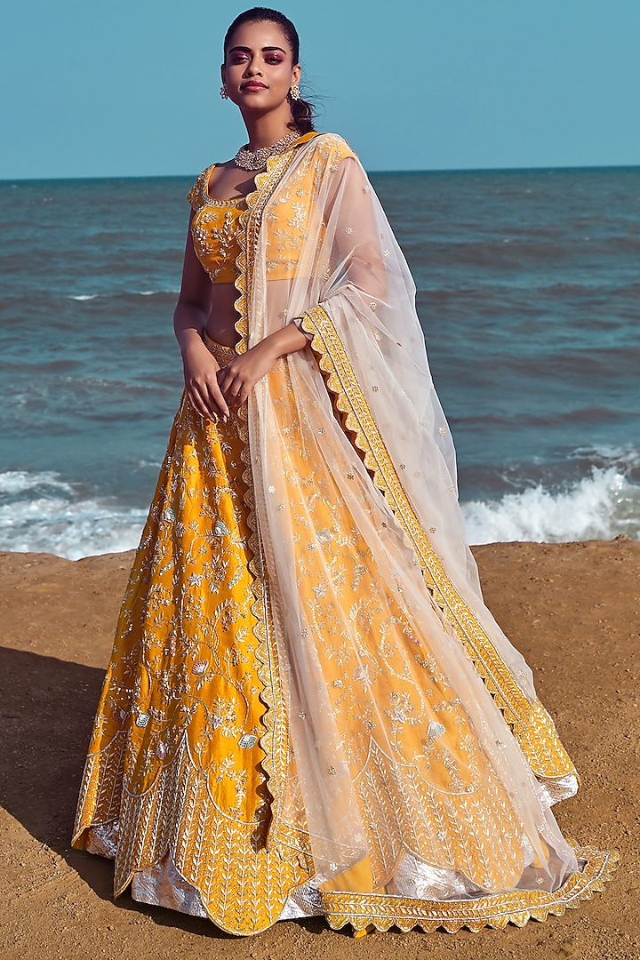 Mango Yellow Sequins Embroidered Bridal Lehenga Set by Mishru