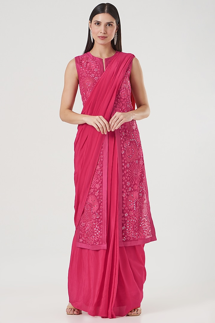 Fuchsia Tulle Embroidered Jacket Saree Set by Mishru