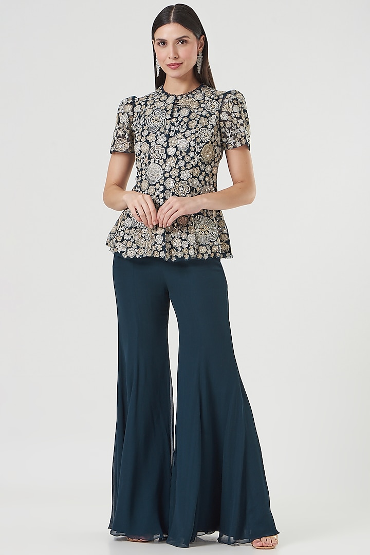 Cobalt Blue Embroidered Jacket Set by Mishru at Pernia's Pop Up Shop
