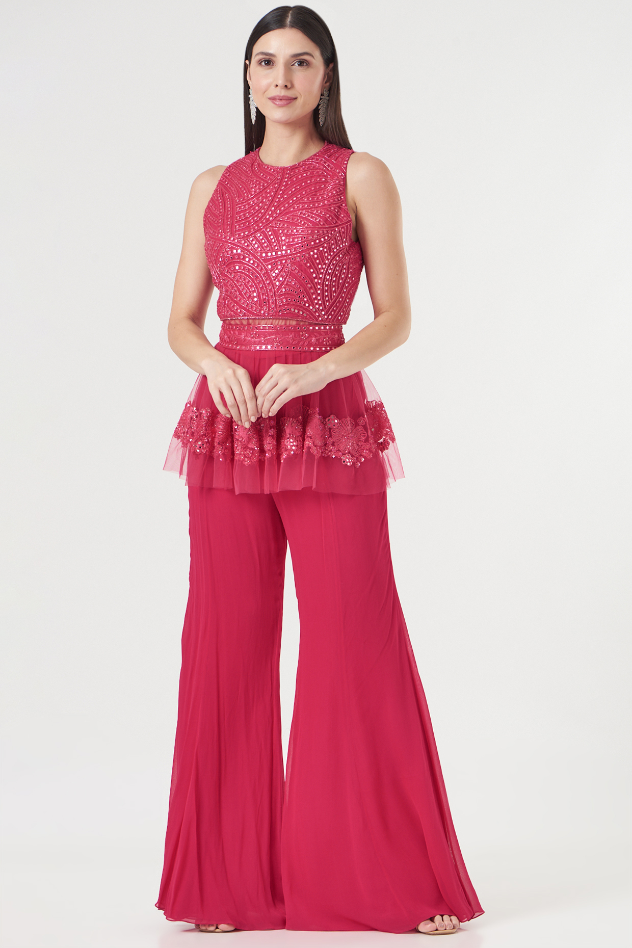 Fuchsia Georgette Pant Set by Mishru