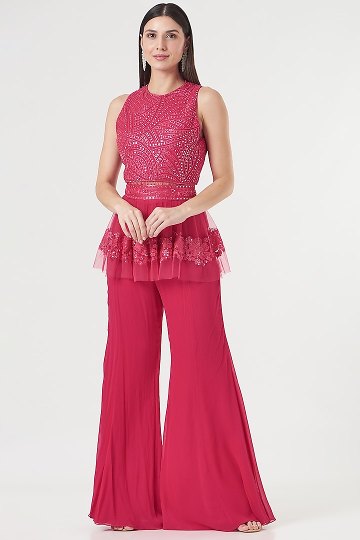 Fuchsia Georgette Pant Set by Mishru