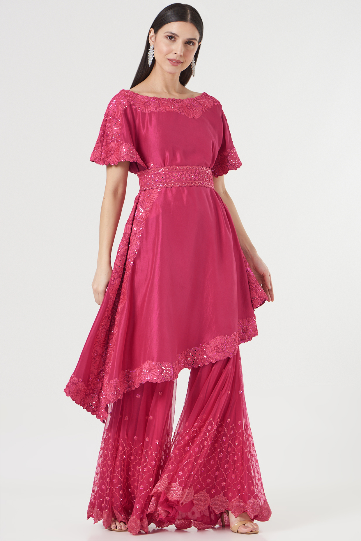 Fuchsia Tulle Embroidered Cape Set by Mishru at Pernia's Pop Up Shop