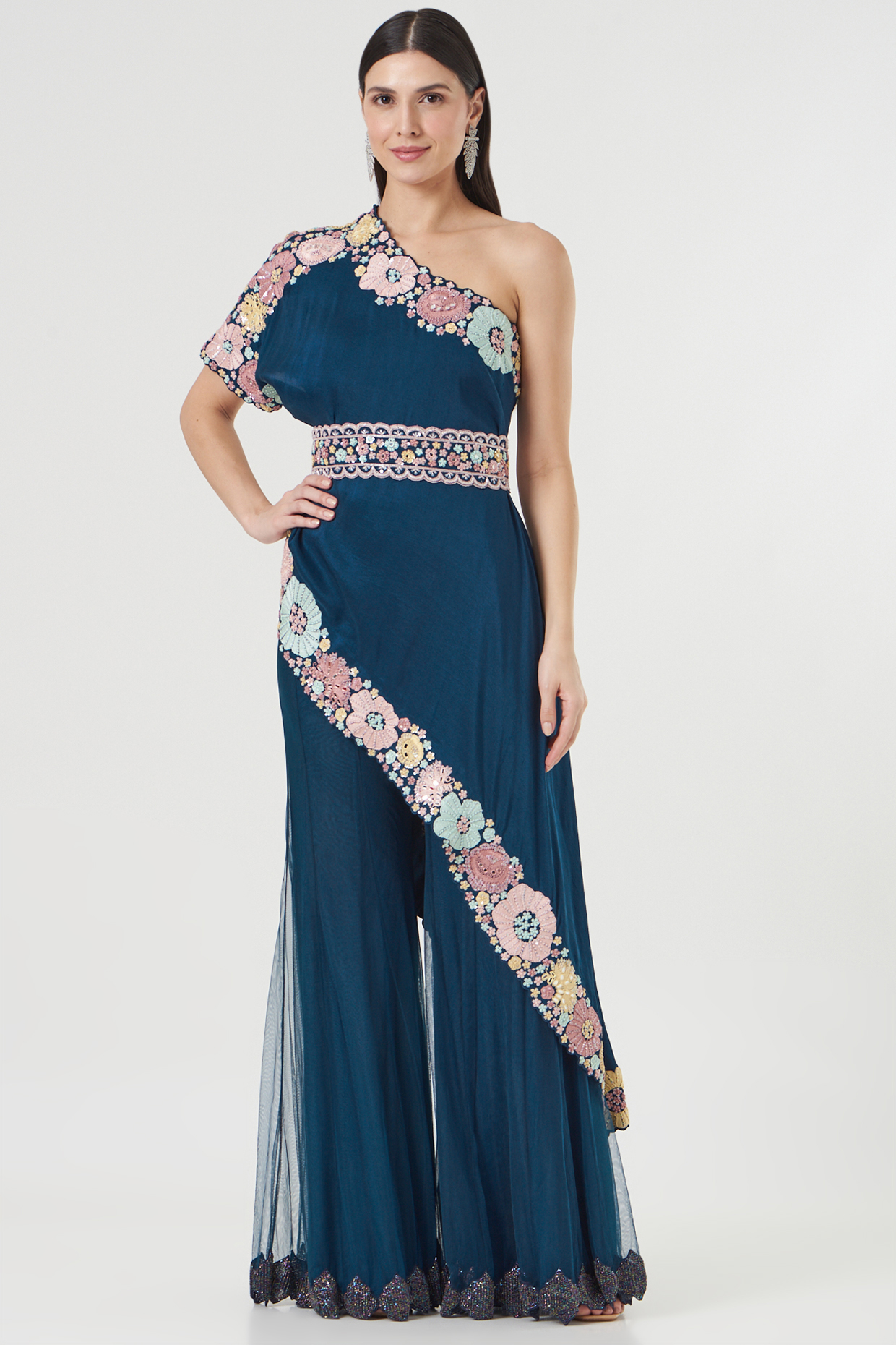 Blue Dupion Silk Embroidered Cape Set by Mishru at Pernia's Pop Up Shop