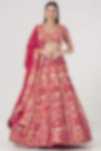 Fuchsia Embroidered Lehenga Set by Mishru