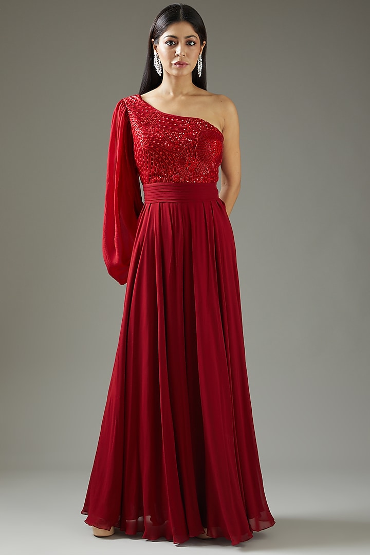 Red Tulle Embroidered Gown by Mishru