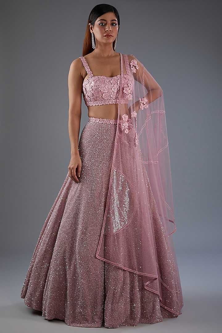 Pink Tulle Embroidered Bridal Lehenga Set by Mishru at Pernia's Pop Up Shop