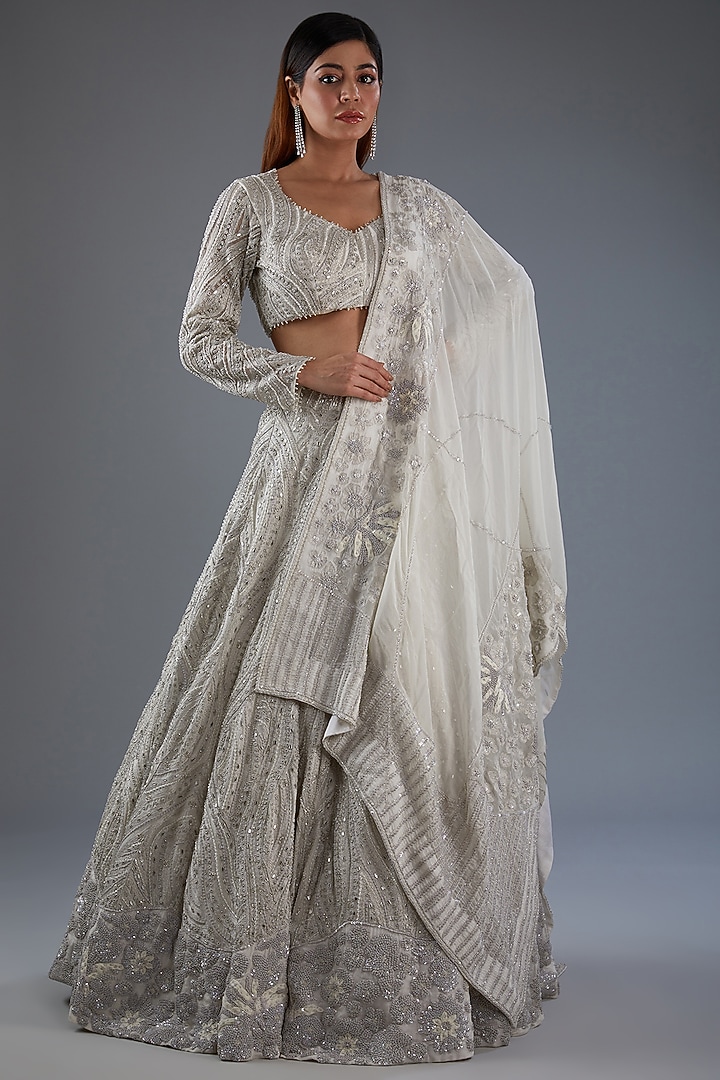 Ivory Organza & Chanderi Embroidered Bridal Lehenga Set by Mishru at Pernia's Pop Up Shop