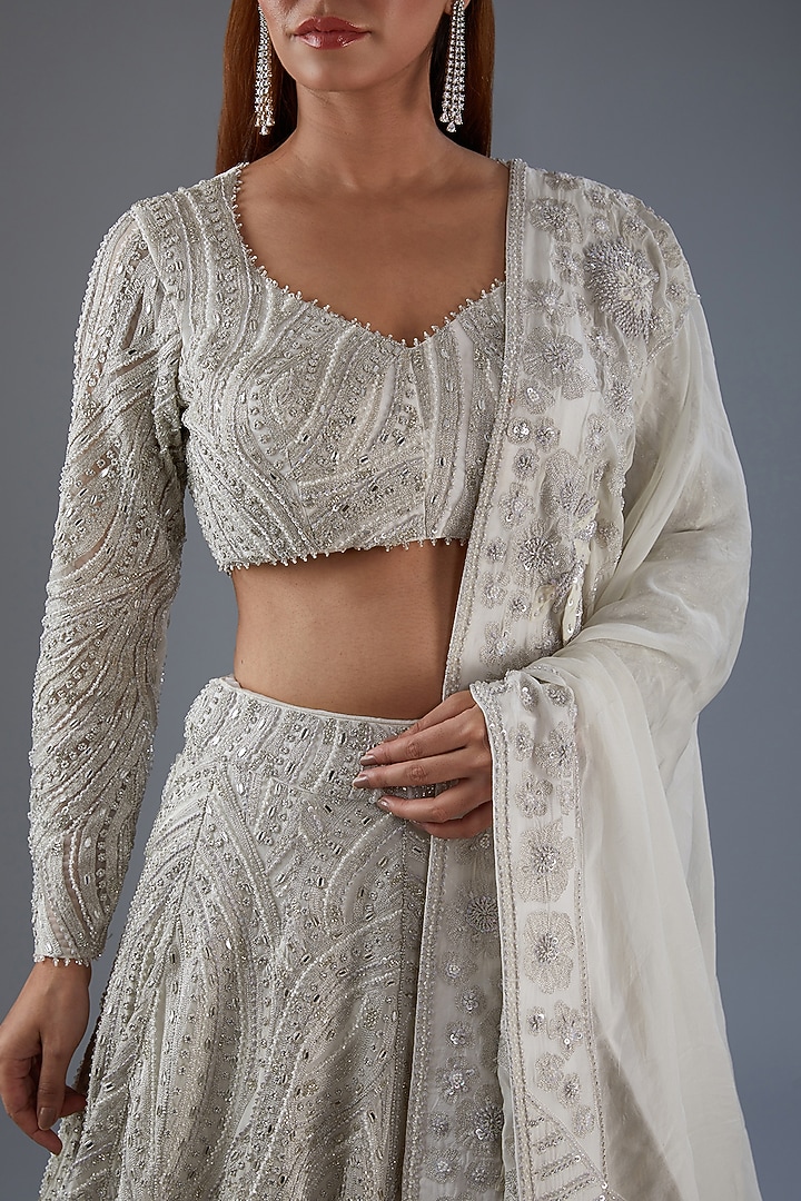 Ivory Organza & Chanderi Embroidered Bridal Lehenga Set by Mishru at Pernia's Pop Up Shop