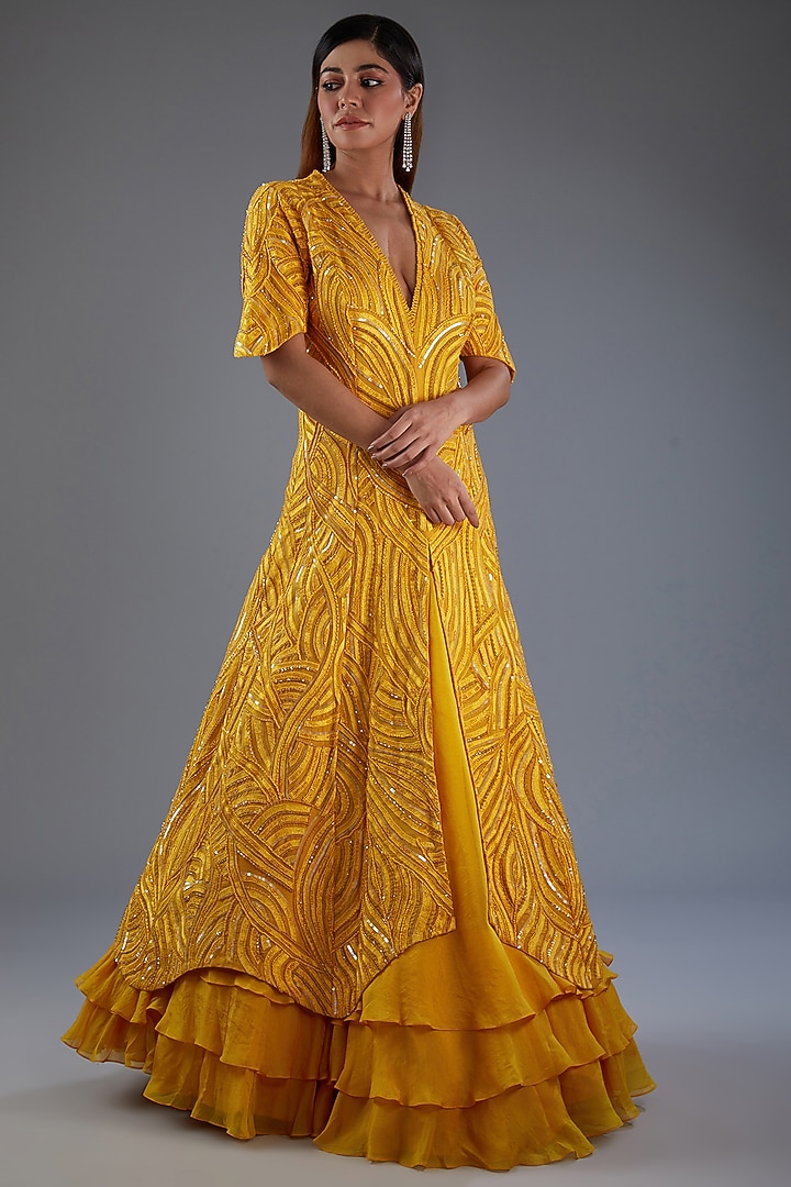 Orange Organza Embroidered Jacket Set by Mishru at Pernia's Pop Up Shop