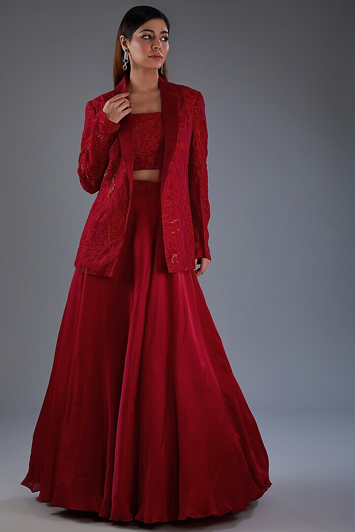 Red Organza Skirt Set by Mishru