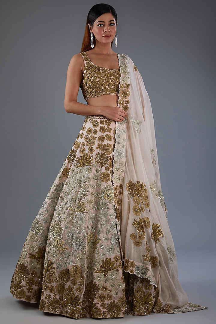 Gold Organza & Chanderi Embroidered Bridal Lehenga Set by Mishru at Pernia's Pop Up Shop