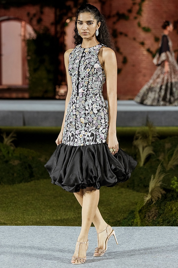 Black Raw Silk & Organza Midi Party Wear Dress by Mishru at Pernia's Pop Up Shop