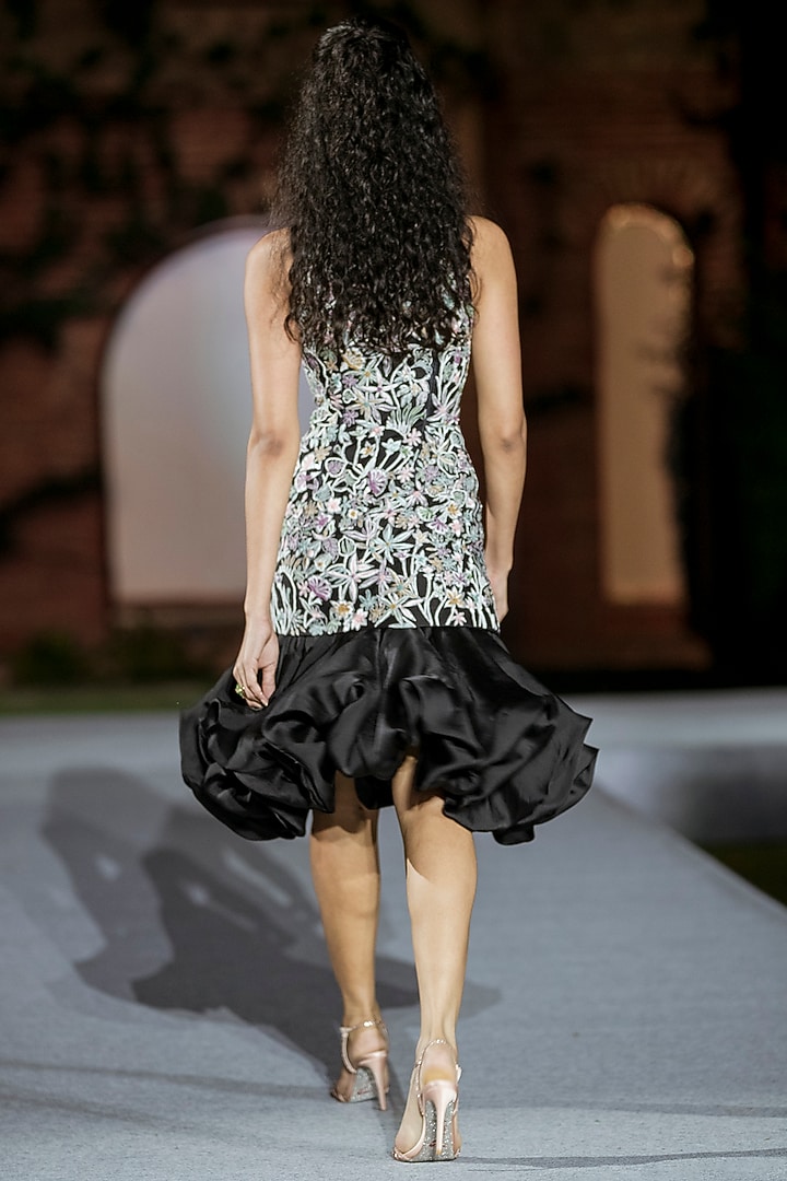 Black Raw Silk & Organza Midi Party Wear Dress by Mishru at Pernia's Pop Up Shop