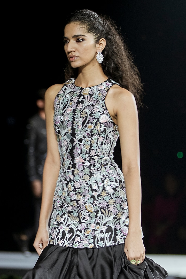 Black Raw Silk & Organza Midi Party Wear Dress by Mishru at Pernia's Pop Up Shop