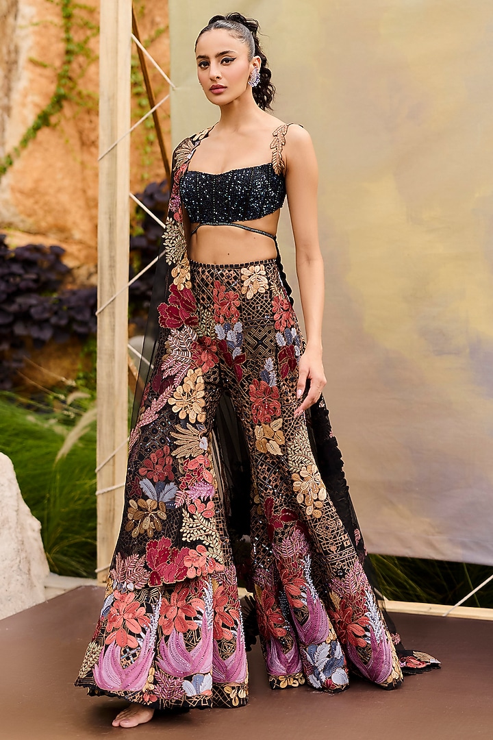Black Organza Bridal Sharara Set by Mishru at Pernia's Pop Up Shop