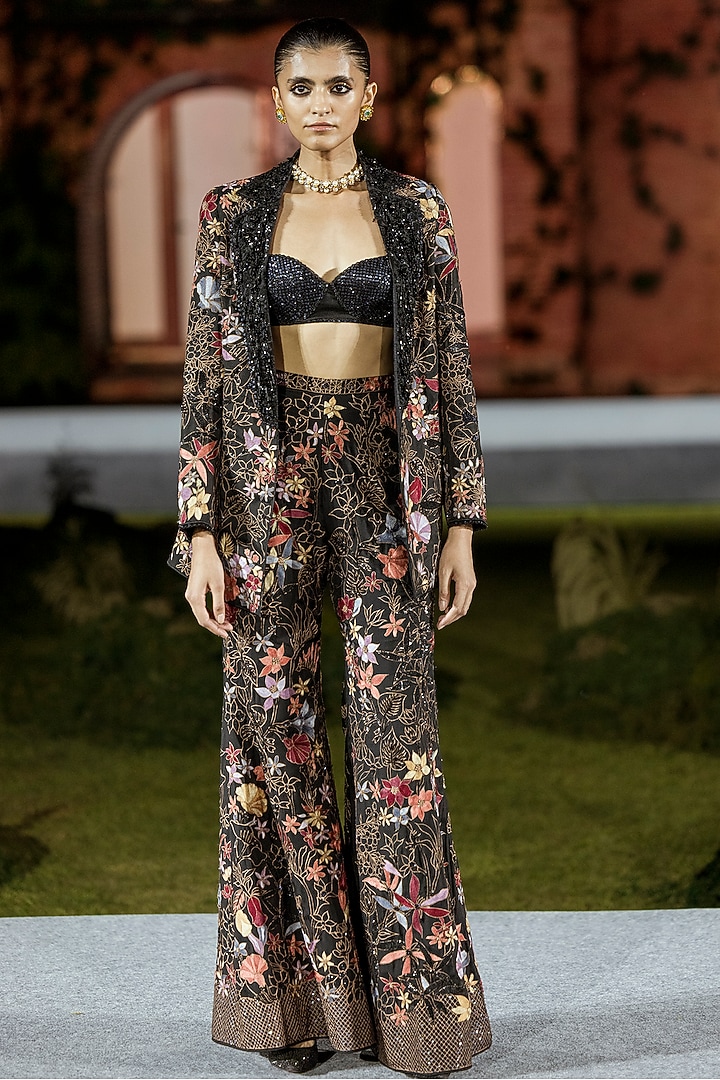 Black Organza Floral Printed Blazer Set by Mishru at Pernia's Pop Up Shop