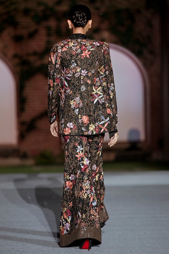 Black Organza Floral Printed Blazer Set by Mishru at Pernia's Pop Up Shop