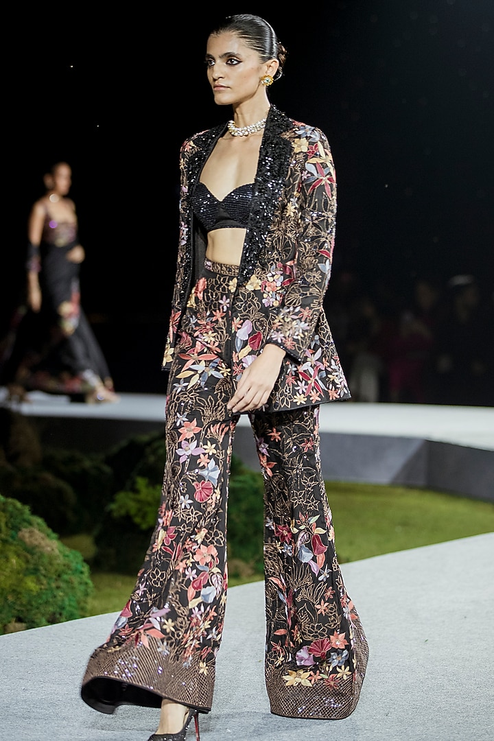 Black Organza Floral Printed Blazer Set by Mishru at Pernia's Pop Up Shop