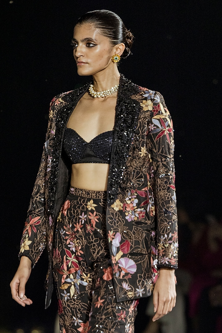 Black Organza Floral Printed Blazer Set by Mishru at Pernia's Pop Up Shop