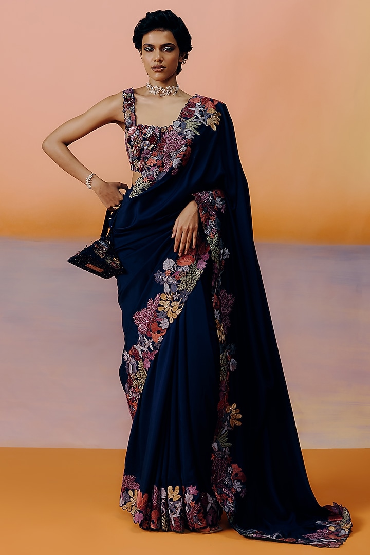 Navy Blue Silk Bridal Saree Set by Mishru at Pernia's Pop Up Shop