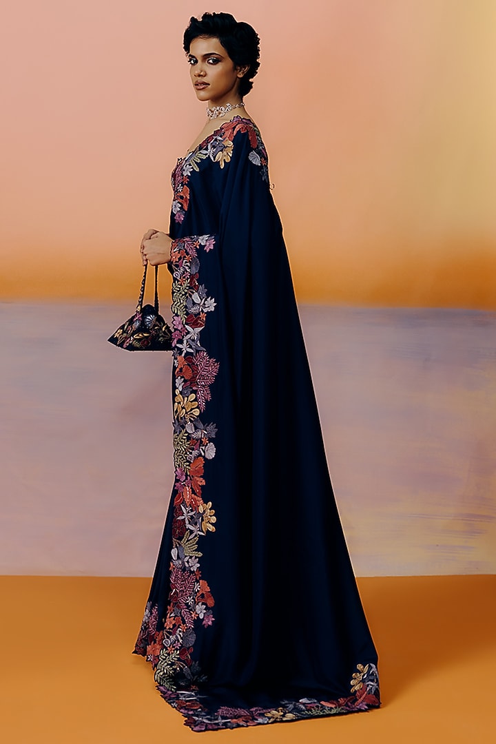 Navy Blue Silk Bridal Saree Set by Mishru at Pernia's Pop Up Shop