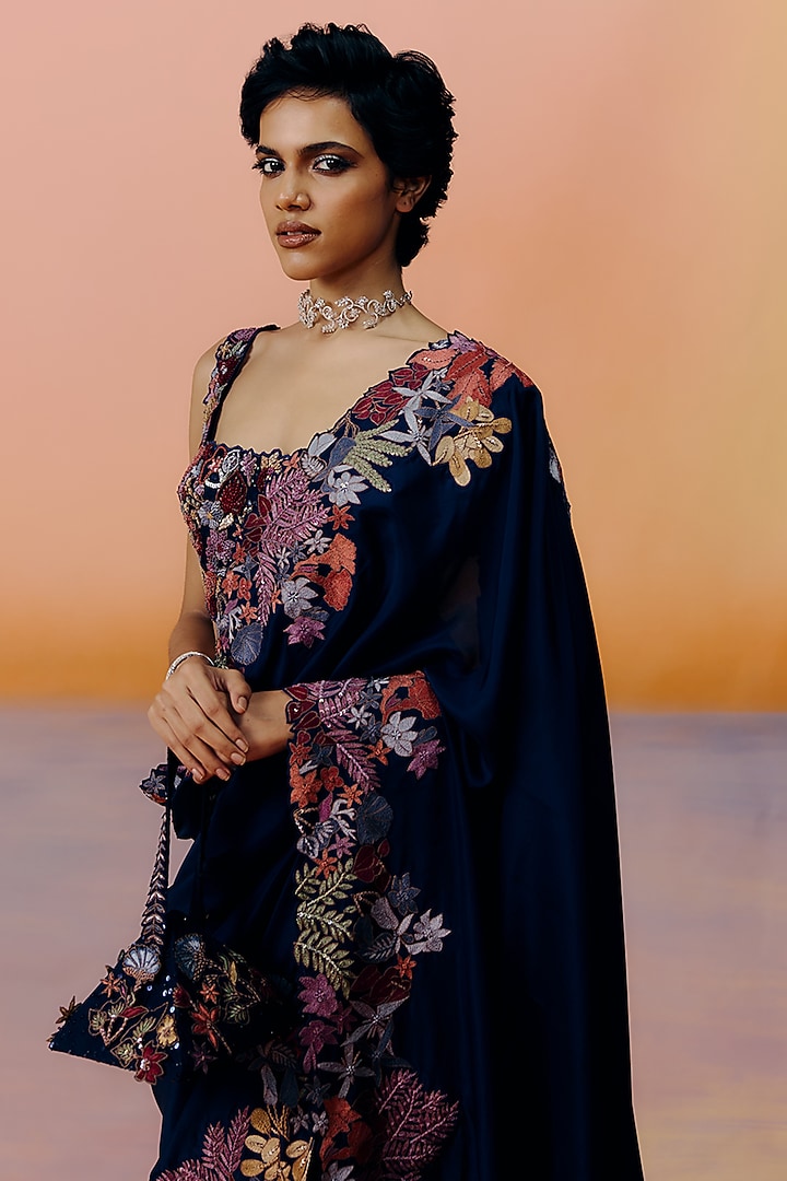 Navy Blue Silk Bridal Saree Set by Mishru at Pernia's Pop Up Shop