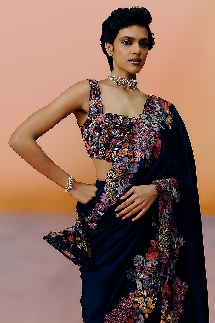 Navy Blue Silk Bridal Saree Set by Mishru at Pernia's Pop Up Shop