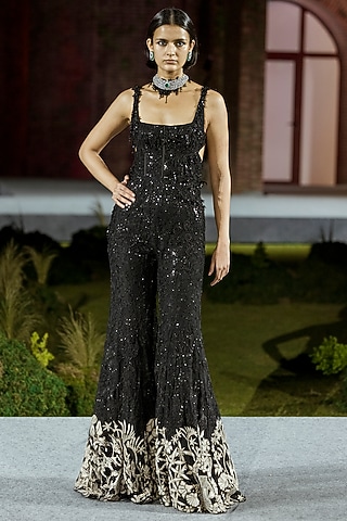 Black Tulle Floral Jumpsuit by Mishru