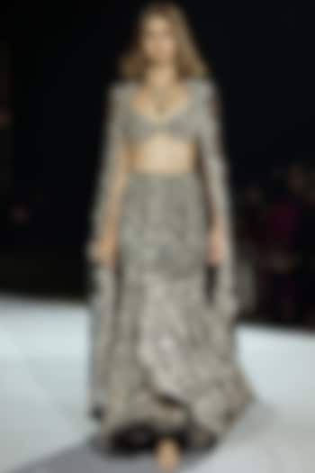 Black Tulle & Raw Silk Floral Fish-Cut Bridal Lehenga Set by Mishru at Pernia's Pop Up Shop