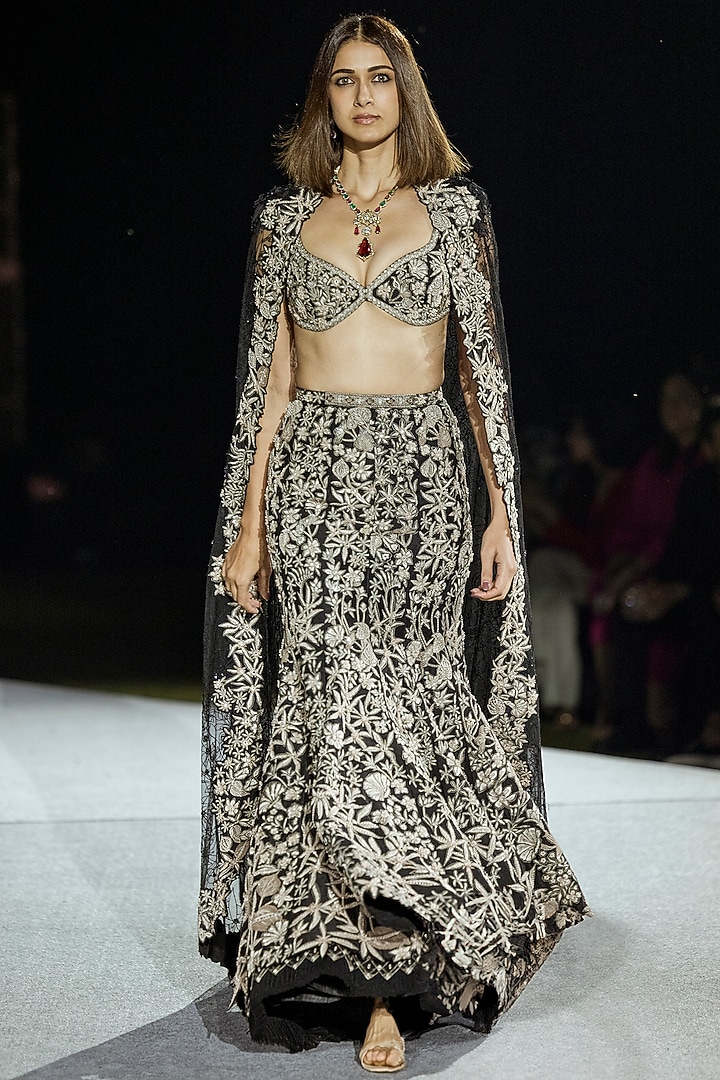 Black Tulle & Raw Silk Floral Fish-Cut Bridal Lehenga Set by Mishru at Pernia's Pop Up Shop