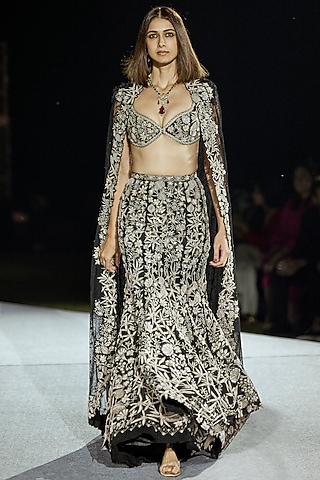 Black Tulle & Raw Silk Floral Fish-Cut Lehenga Set by Mishru