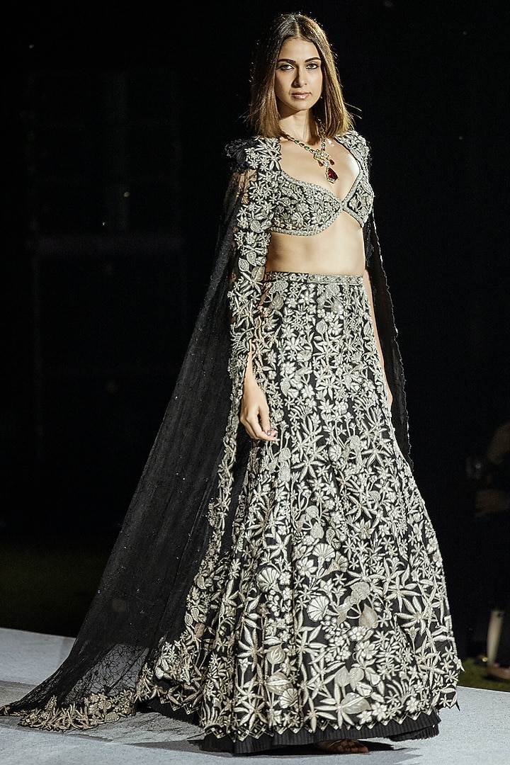 Black Tulle & Raw Silk Floral Fish-Cut Bridal Lehenga Set by Mishru at Pernia's Pop Up Shop