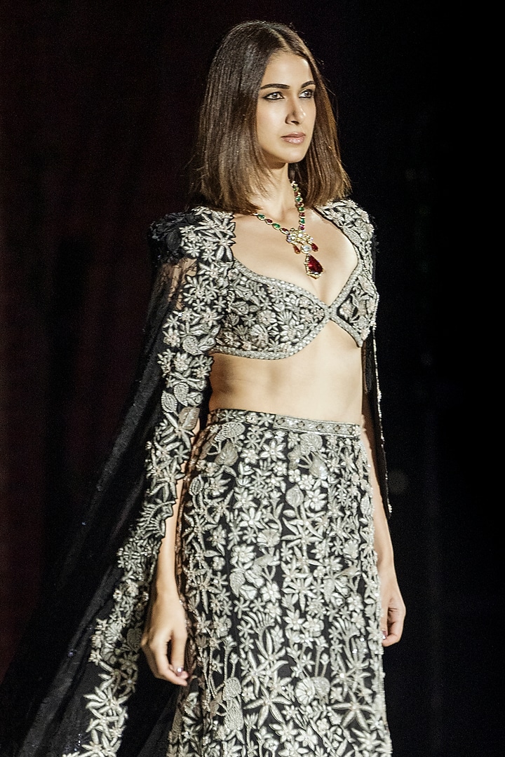 Black Tulle & Raw Silk Floral Fish-Cut Bridal Lehenga Set by Mishru at Pernia's Pop Up Shop