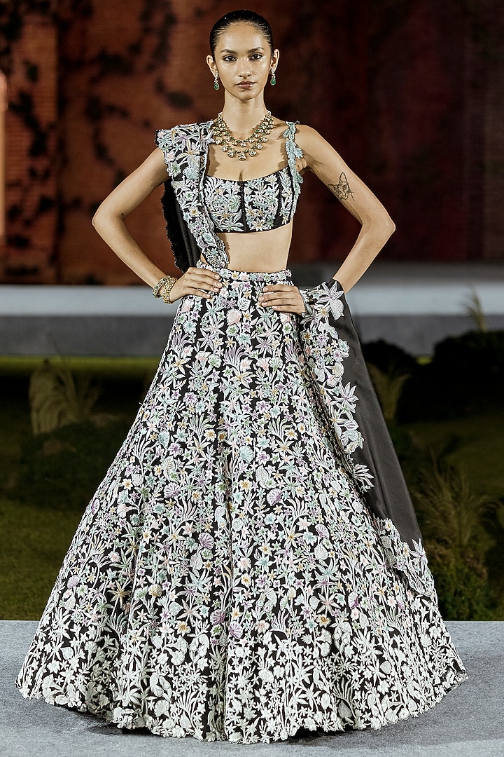 Black Organza Floral Bridal Lehenga Set by Mishru at Pernia's Pop Up Shop