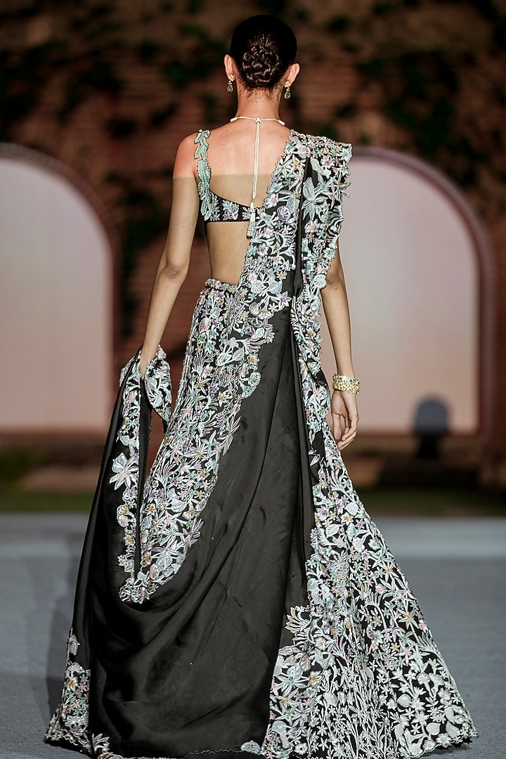 Black Organza Floral Bridal Lehenga Set by Mishru at Pernia's Pop Up Shop