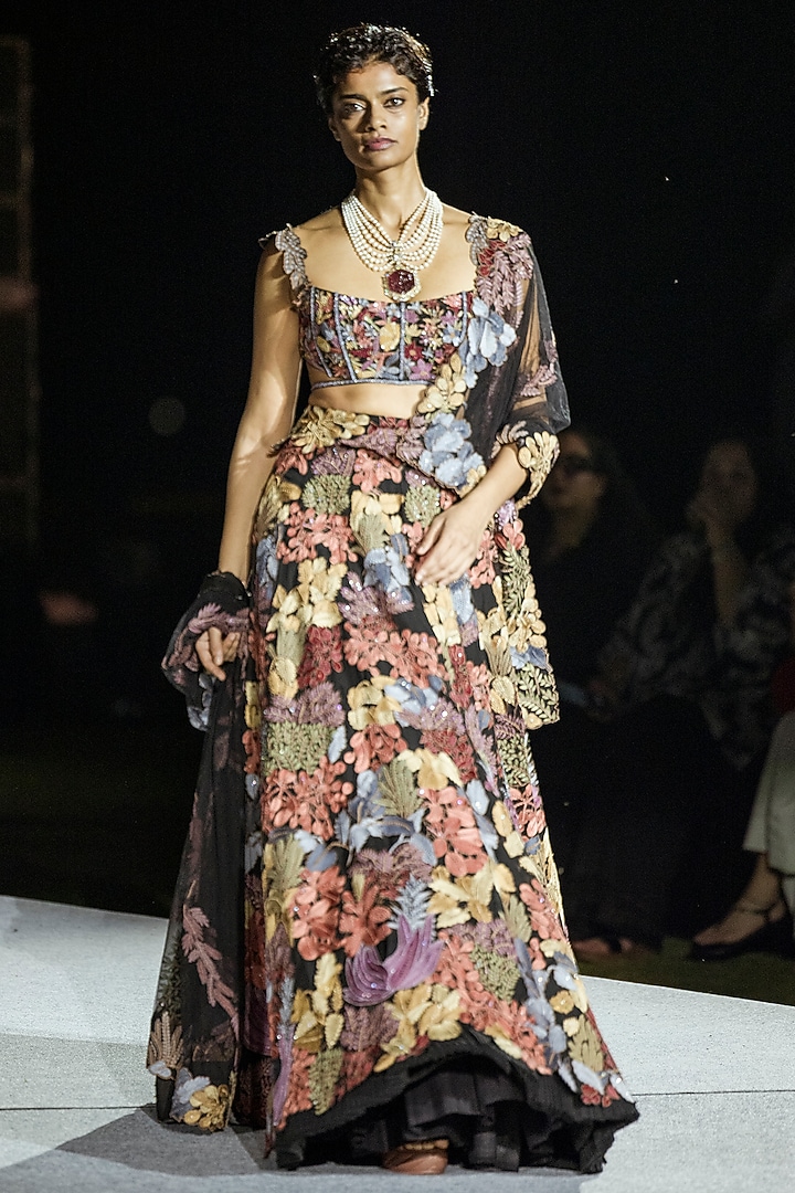 Black Organza Floral Bridal Lehenga Set by Mishru at Pernia's Pop Up Shop