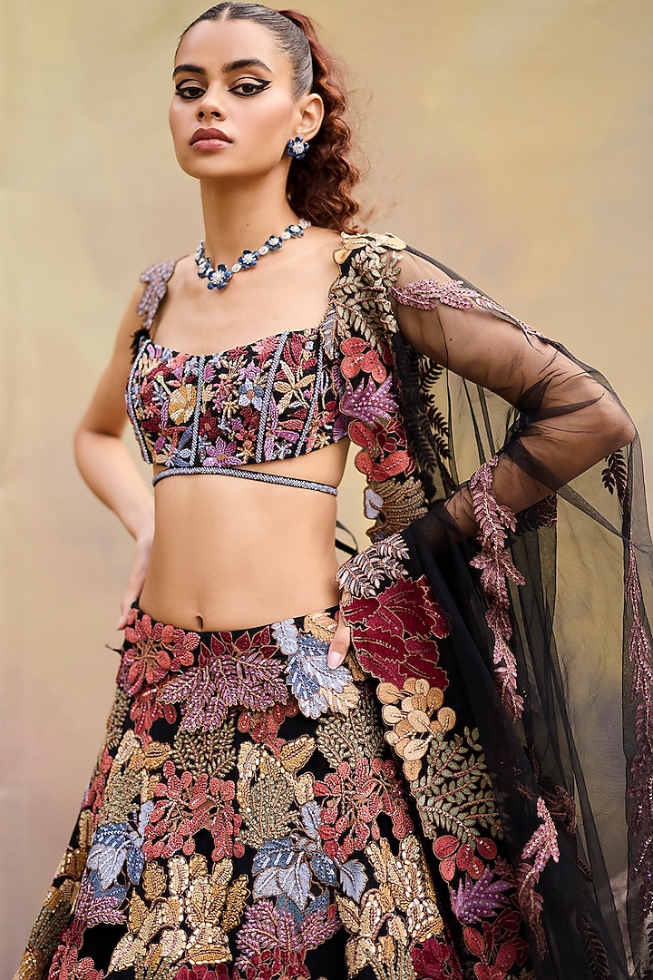 Black Organza Floral Embroidered Bridal Lehenga Set by Mishru at Pernia's Pop Up Shop
