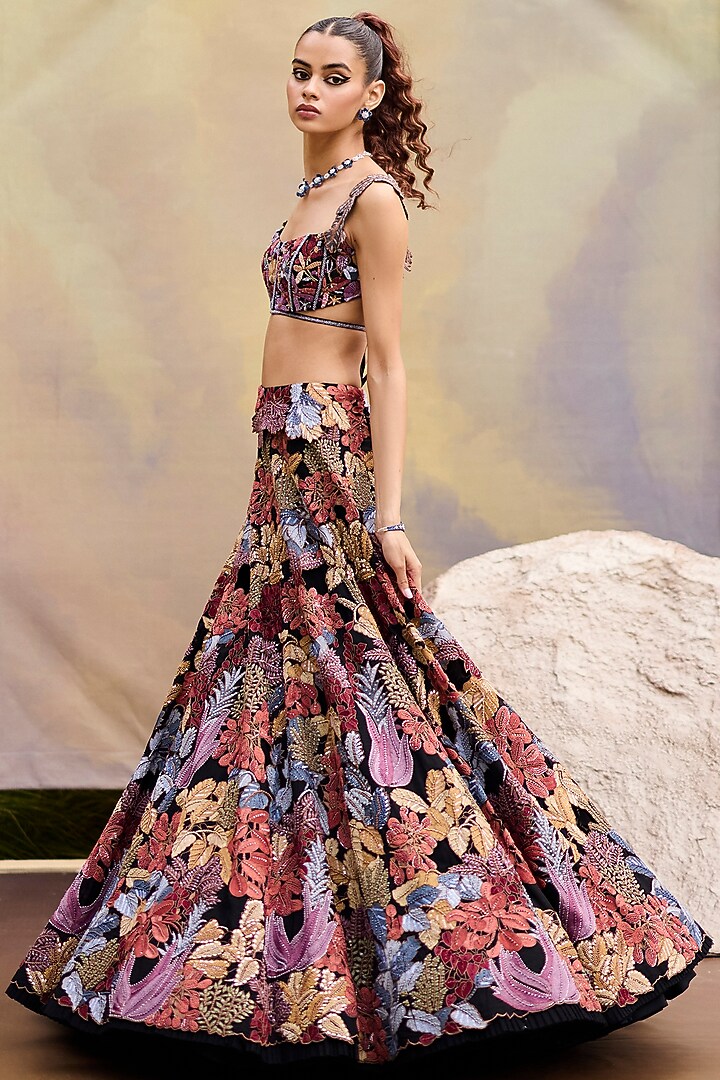 Black Organza Floral Embroidered Bridal Lehenga Set by Mishru at Pernia's Pop Up Shop