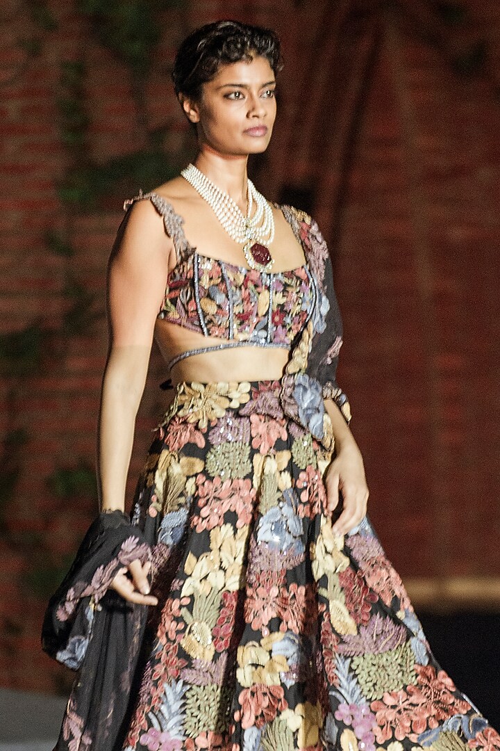 Black Organza Floral Embroidered Bridal Lehenga Set by Mishru at Pernia's Pop Up Shop