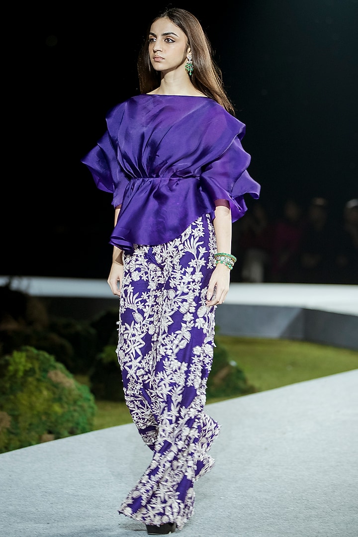 Purple Raw Silk Floral Pant Set by Mishru at Pernia's Pop Up Shop