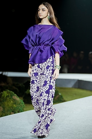 Purple Raw Silk Floral Pant Set by Mishru