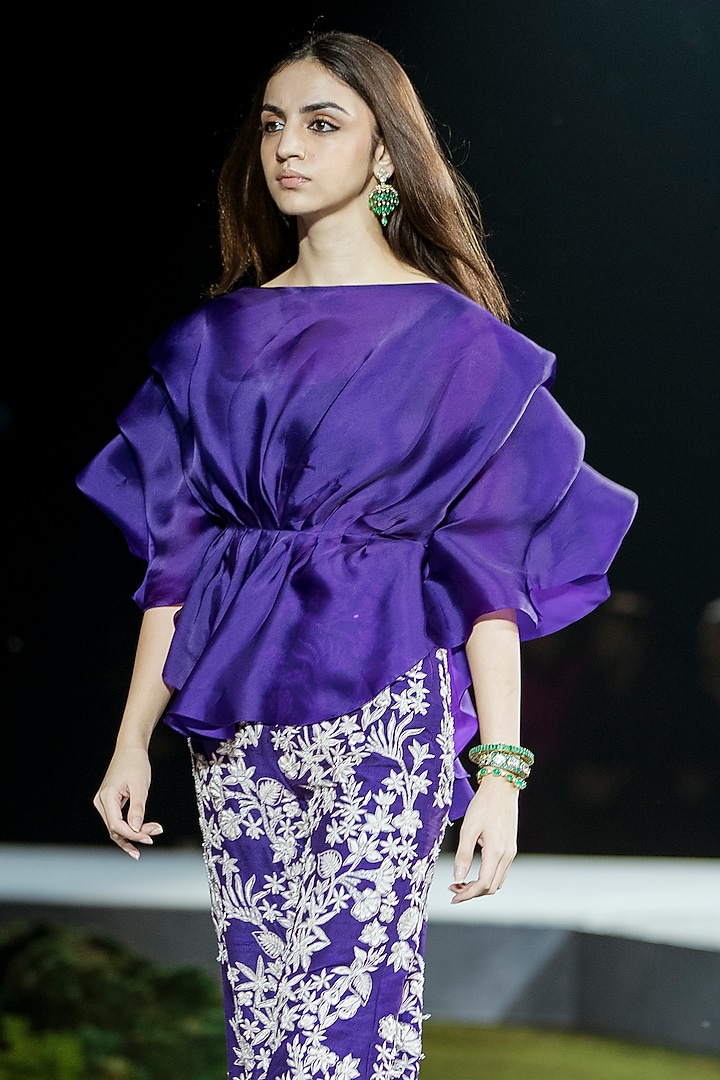 Purple Raw Silk Floral Pant Set by Mishru at Pernia's Pop Up Shop