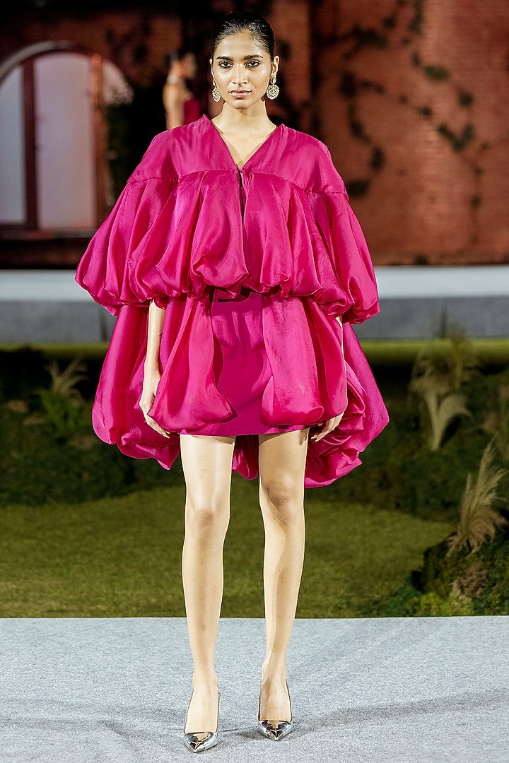 Fuchsia Organza Mini Layered Party Wear Dress by Mishru at Pernia's Pop Up Shop